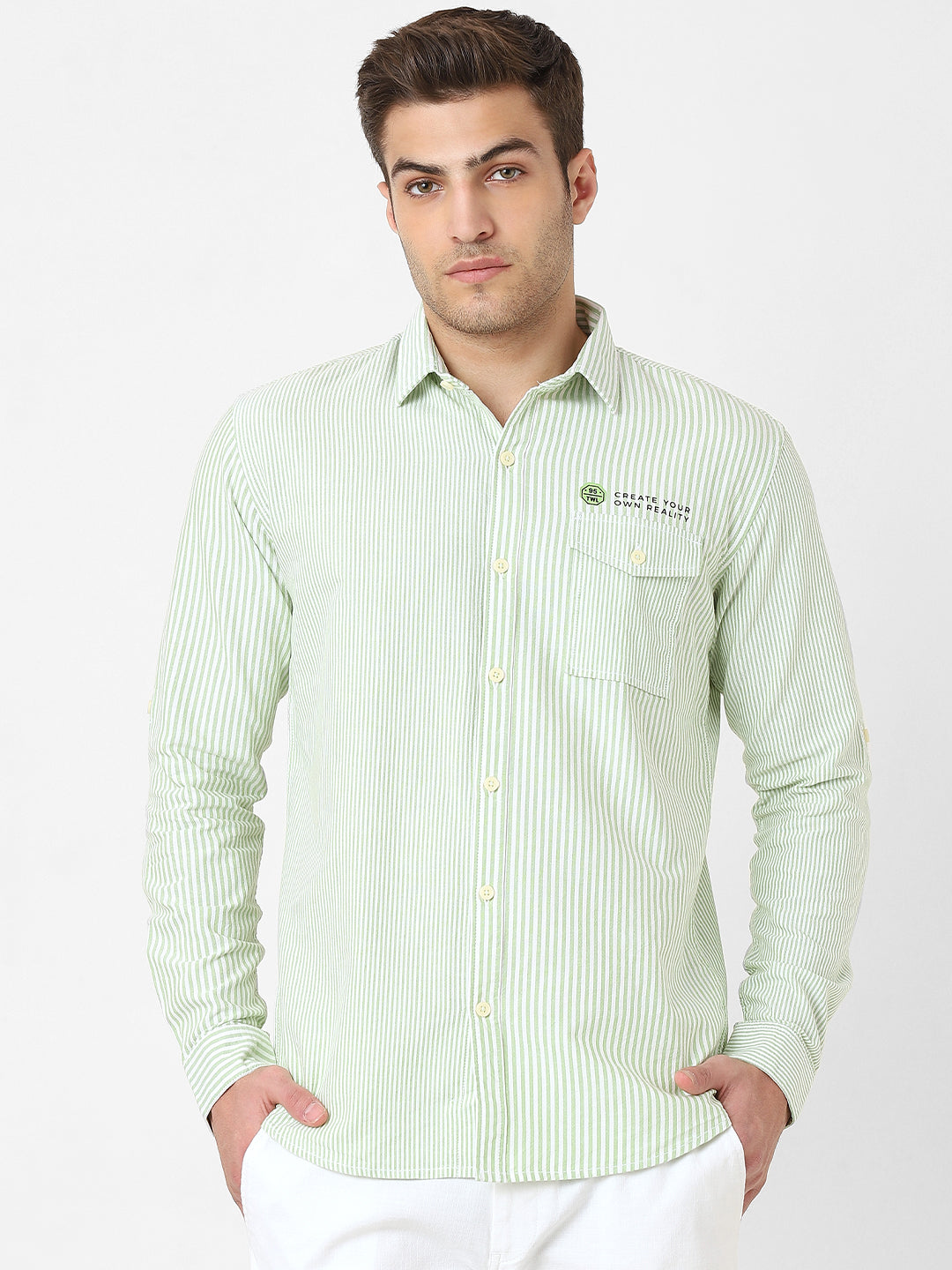 Mens Light Green Striped Casual Shirt