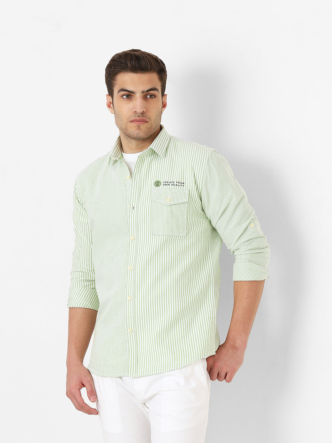 Mens Light Green Striped Casual Shirt