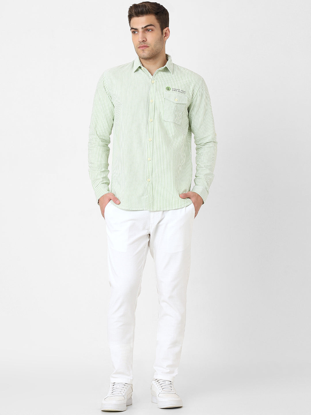 Mens Light Green Striped Casual Shirt