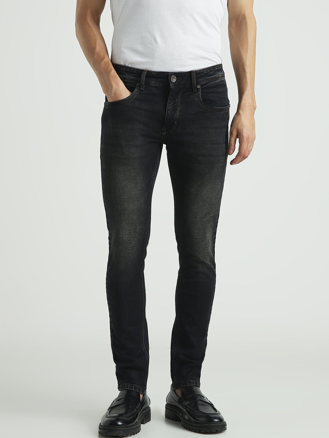 Men Washed Black Slim Fit Stretch Denim Jeans