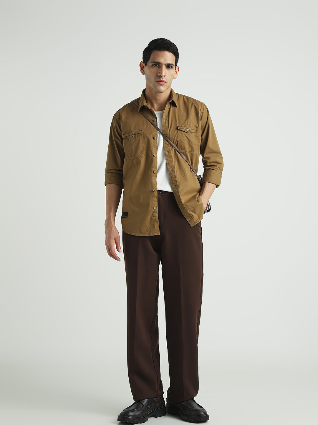 Men Brown Solid Double Pocket Casual Shirt