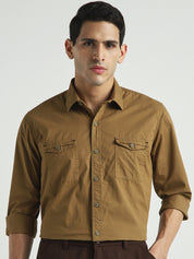 Men Brown Solid Double Pocket Casual Shirt