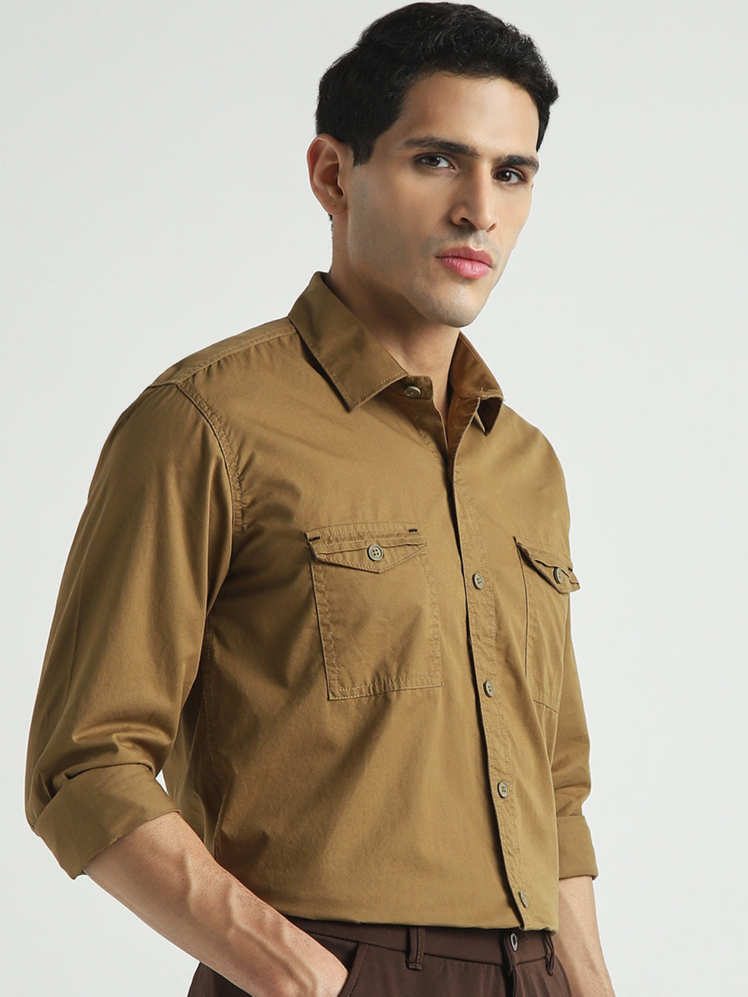 Men Brown Solid Double Pocket Casual Shirt