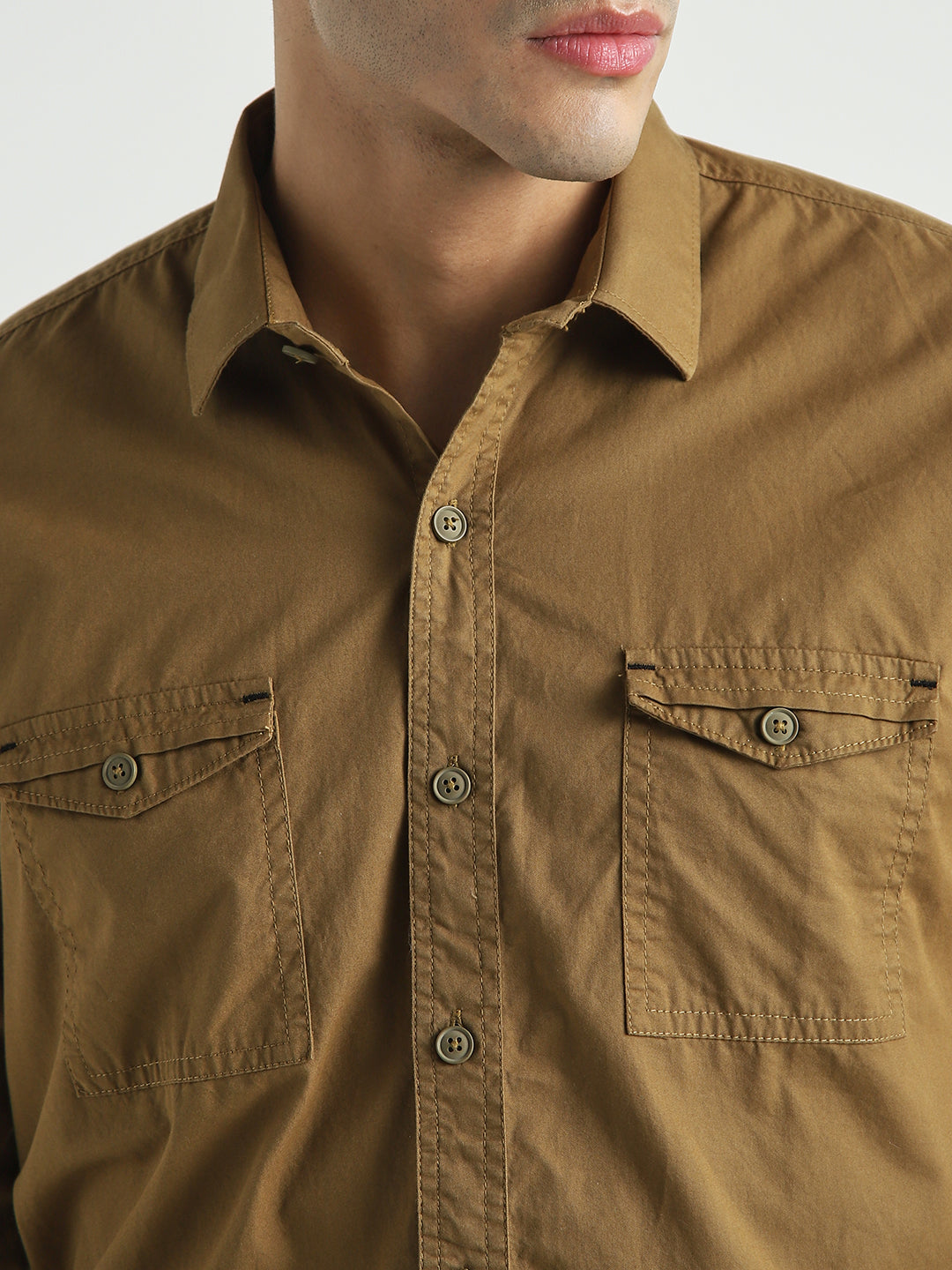 Men Brown Solid Double Pocket Casual Shirt