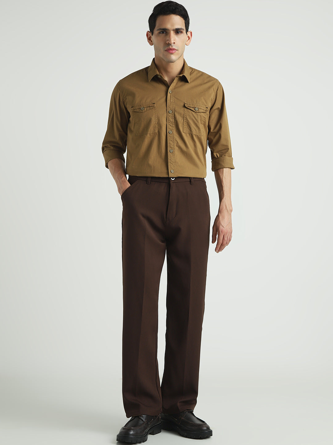 Men Brown Solid Double Pocket Casual Shirt