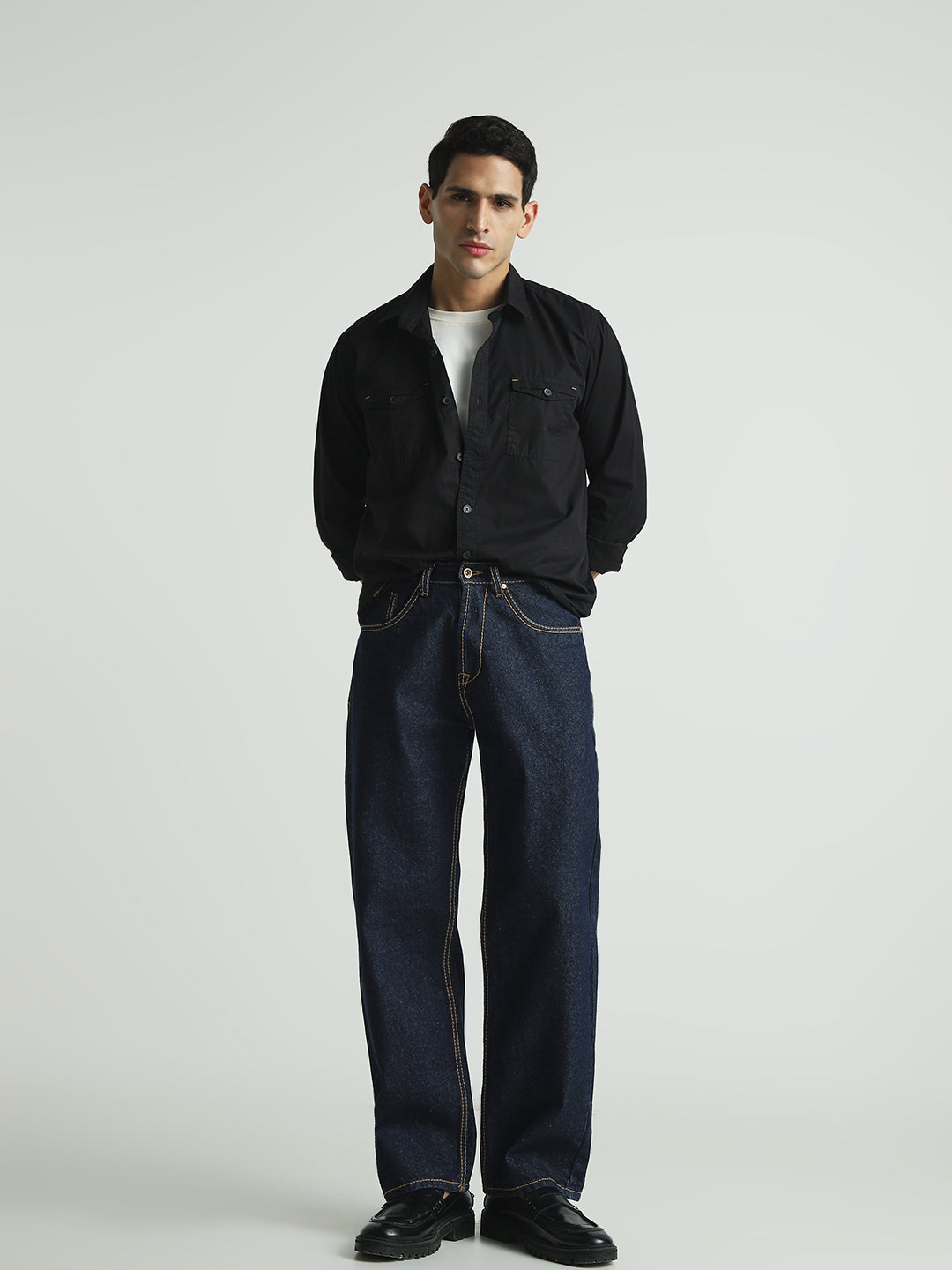 Men Solid Black Double Pocket Casual Shirt