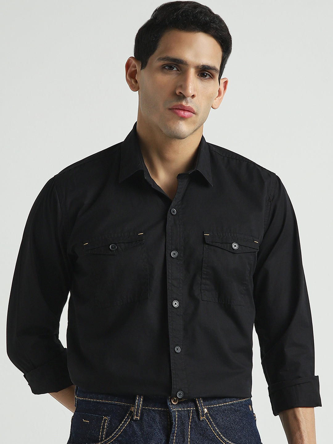 Men Solid Black Double Pocket Casual Shirt