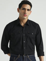 Men Solid Black Double Pocket Casual Shirt