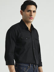 Men Solid Black Double Pocket Casual Shirt