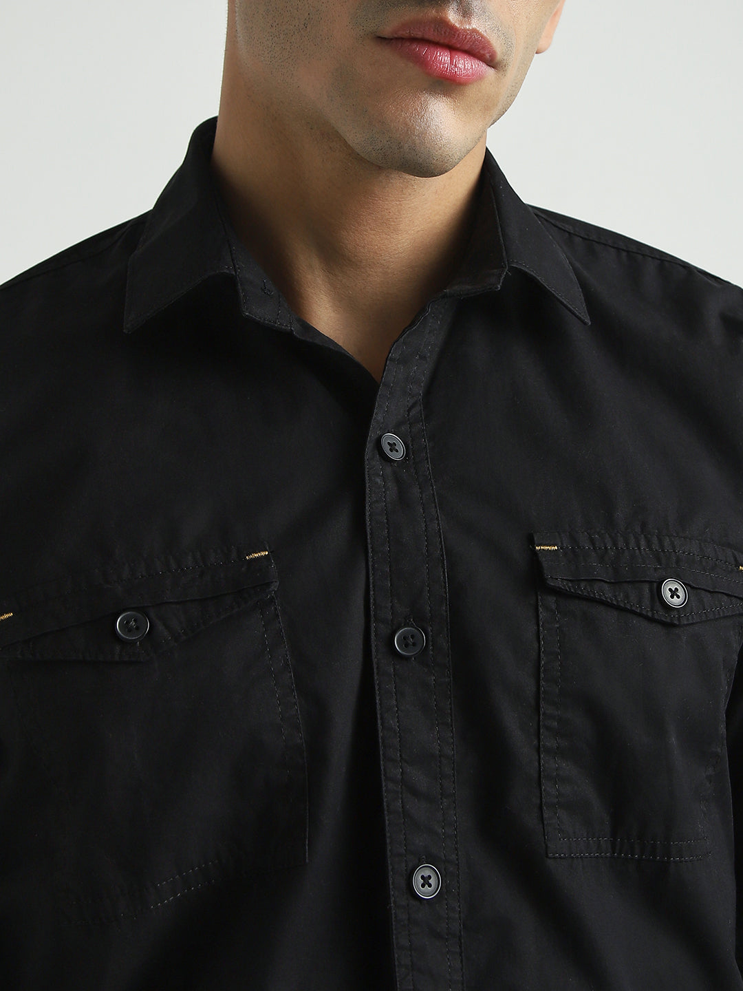 Men Solid Black Double Pocket Casual Shirt