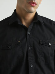 Men Solid Black Double Pocket Casual Shirt