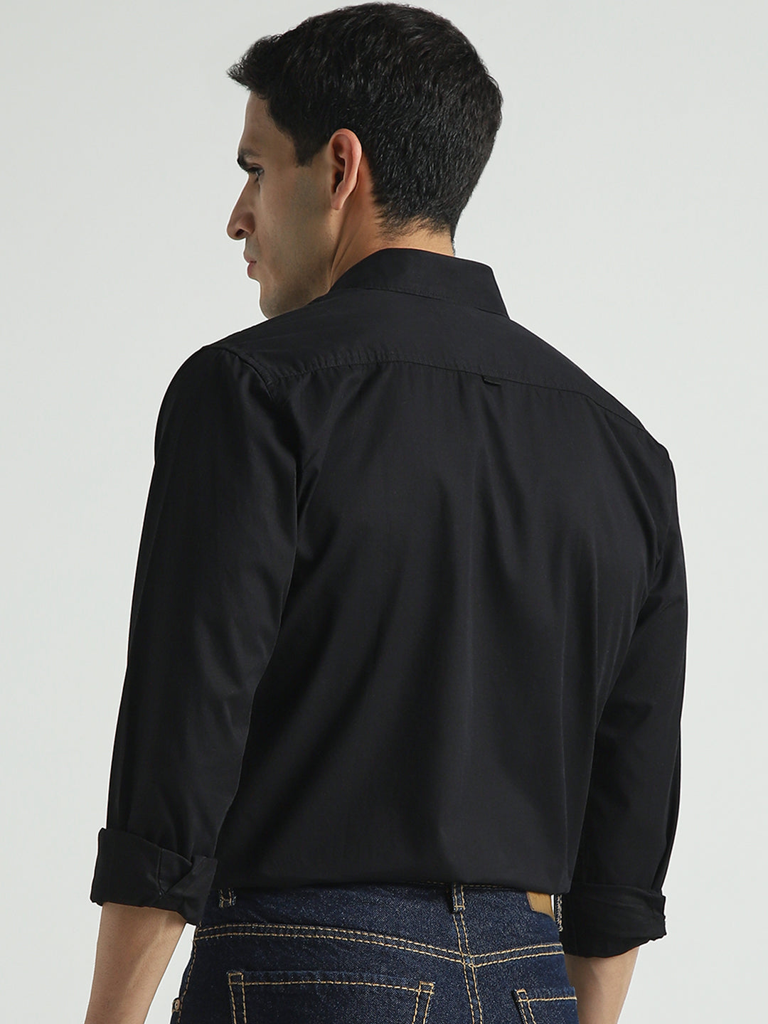 Men Solid Black Double Pocket Casual Shirt