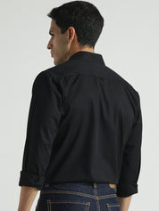 Men Solid Black Double Pocket Casual Shirt