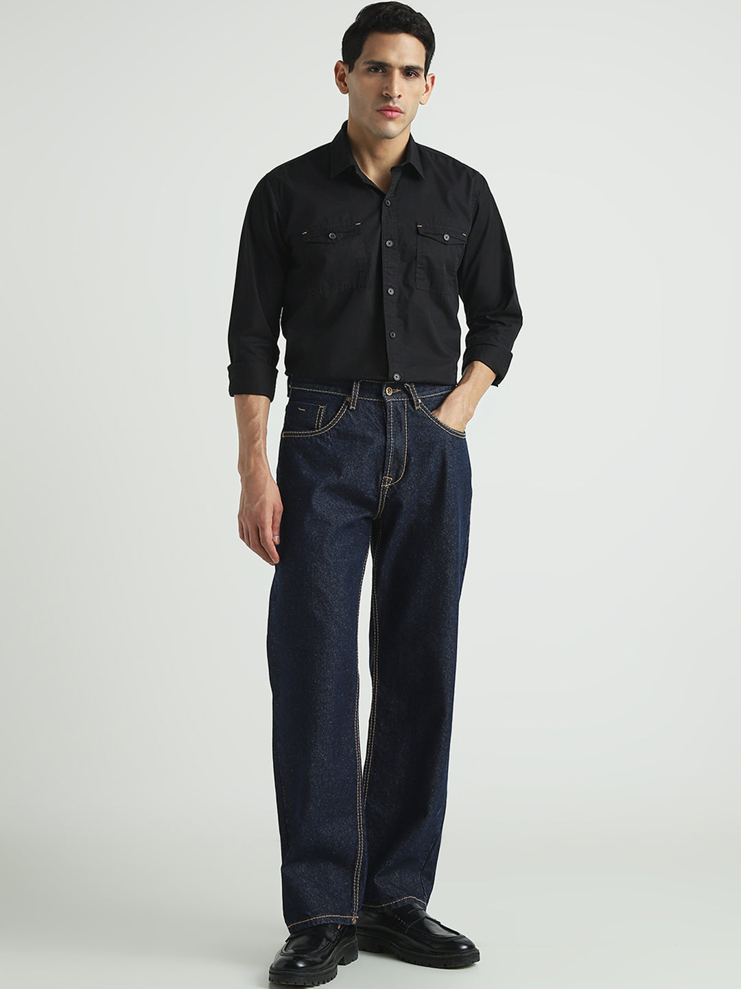 Men Solid Black Double Pocket Casual Shirt