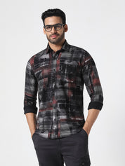 Men Black Abstract Checked Slim Fit Casual Shirt