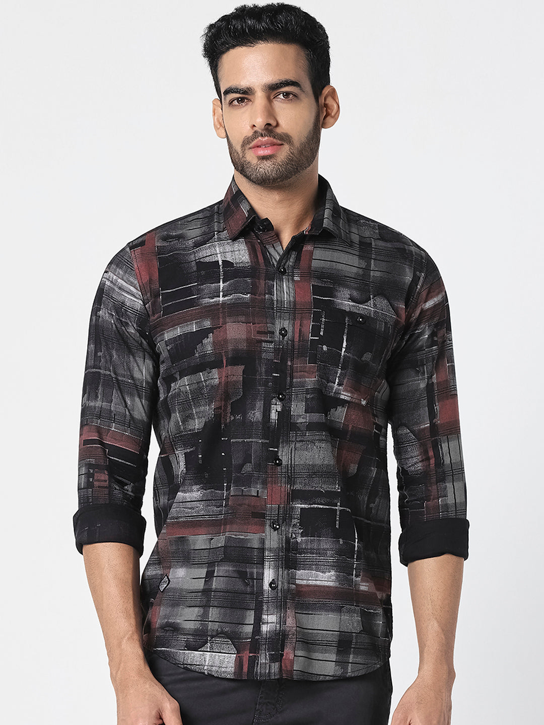 Men Black Abstract Checked Slim Fit Casual Shirt