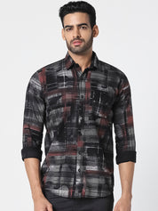 Men Black Abstract Checked Slim Fit Casual Shirt