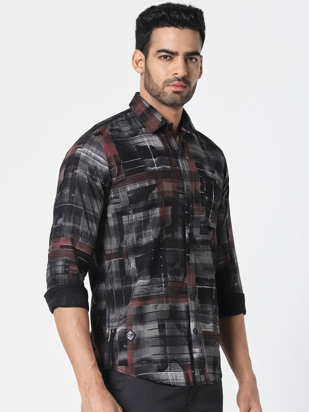 Men Black Abstract Checked Slim Fit Casual Shirt