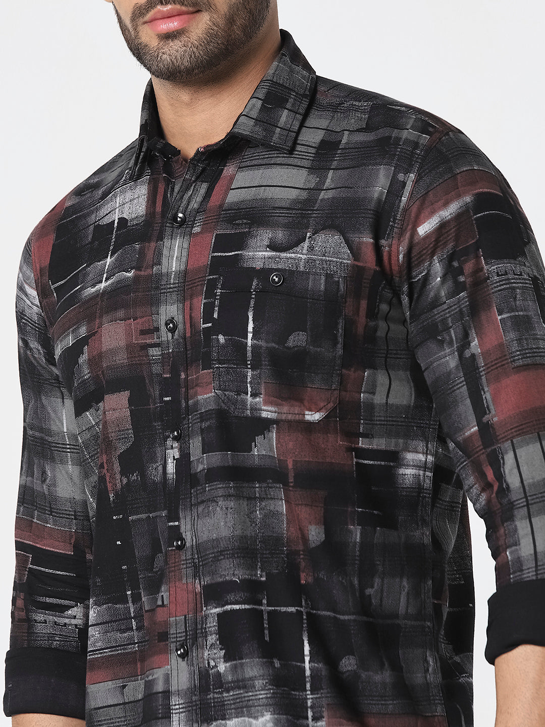 Men Black Abstract Checked Slim Fit Casual Shirt