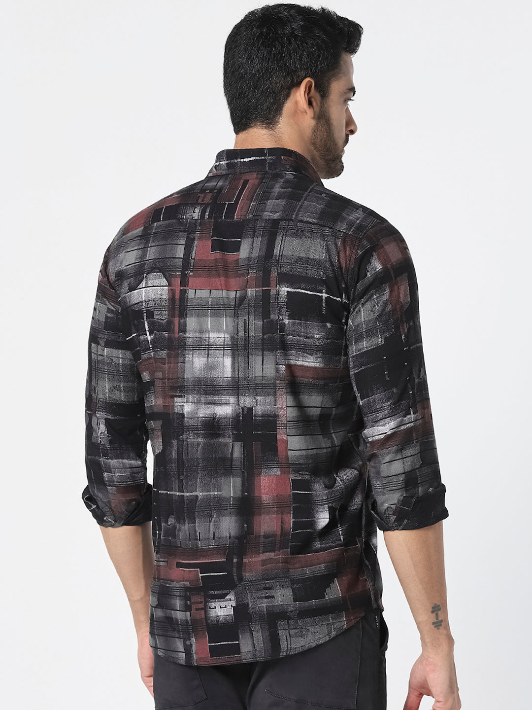 Men Black Abstract Checked Slim Fit Casual Shirt
