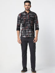 Men Black Abstract Checked Slim Fit Casual Shirt