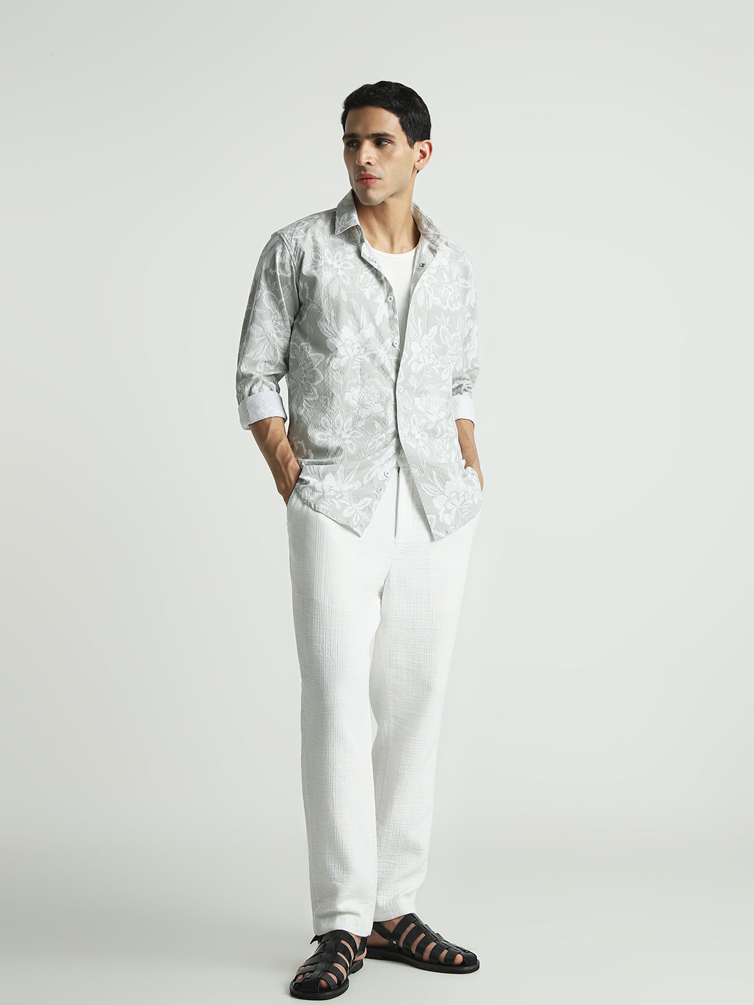 Men Sage Green Floral Slim Fit Casual Shirt
