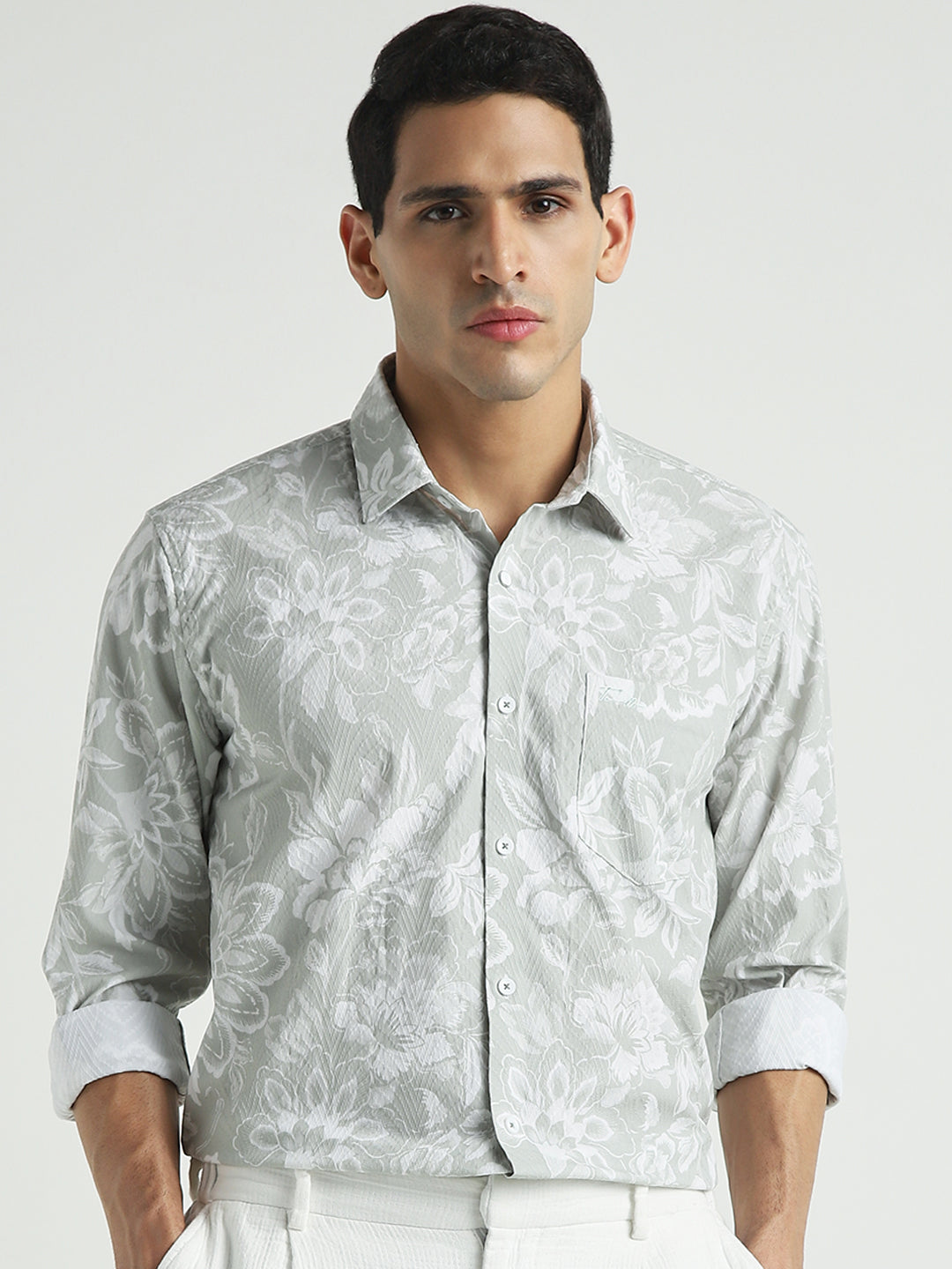 Men Sage Green Floral Slim Fit Casual Shirt