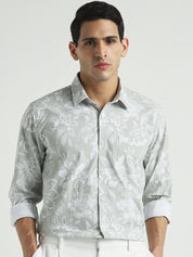 Men Sage Green Floral Slim Fit Casual Shirt