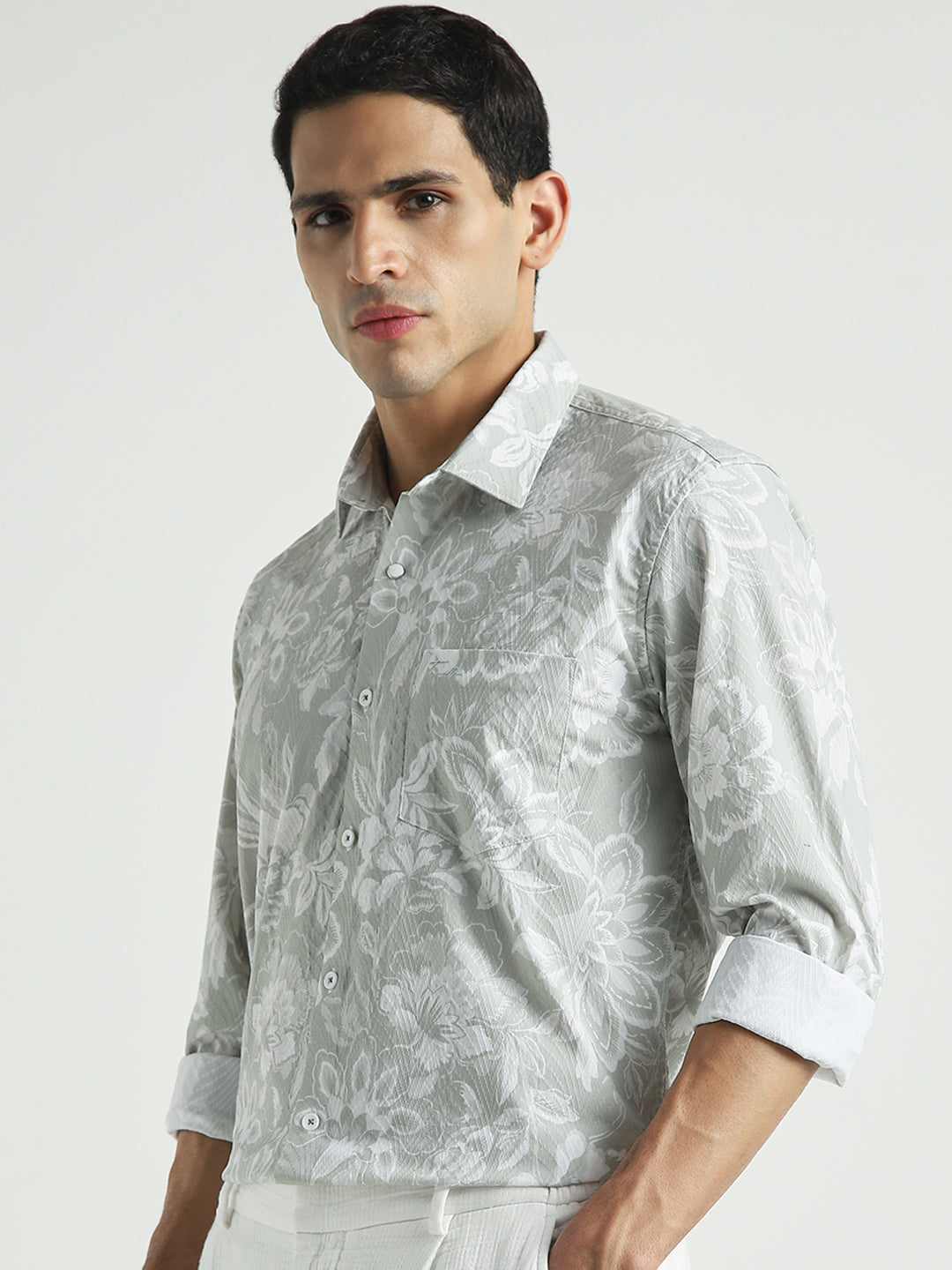 Men Sage Green Floral Slim Fit Casual Shirt
