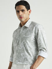 Men Sage Green Floral Slim Fit Casual Shirt