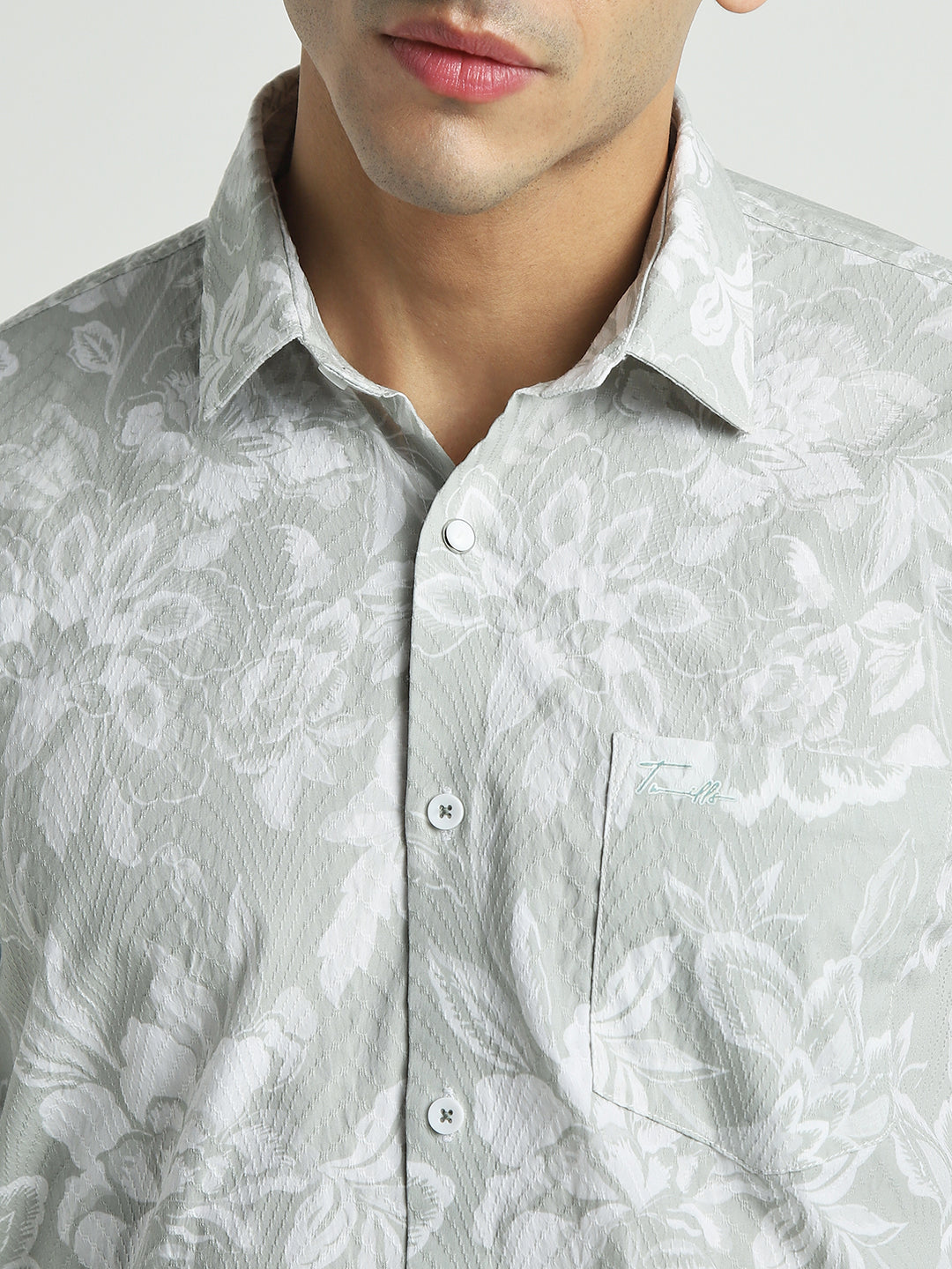 Men Sage Green Floral Slim Fit Casual Shirt