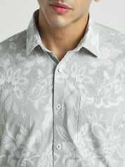 Men Sage Green Floral Slim Fit Casual Shirt