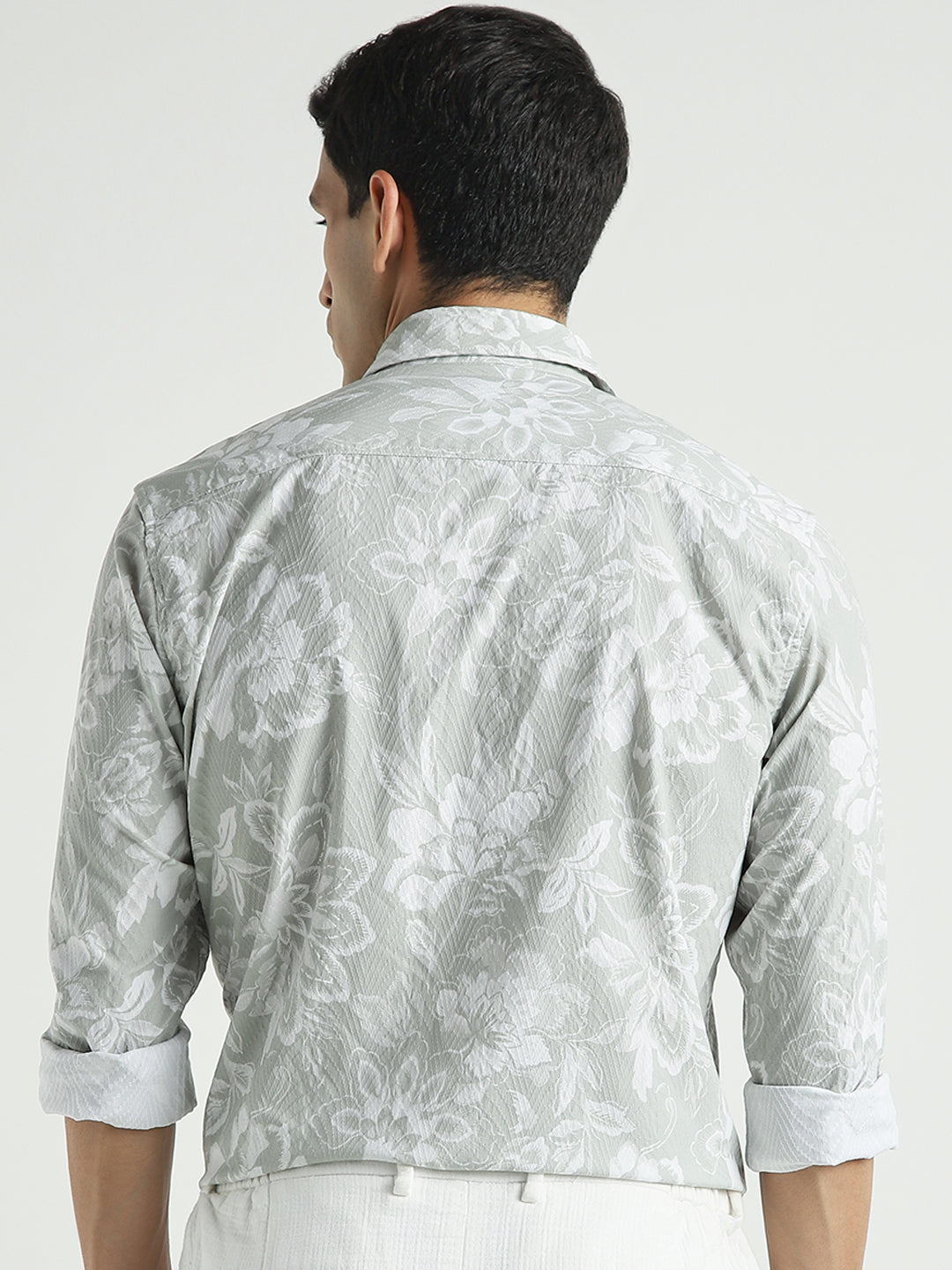 Men Sage Green Floral Slim Fit Casual Shirt