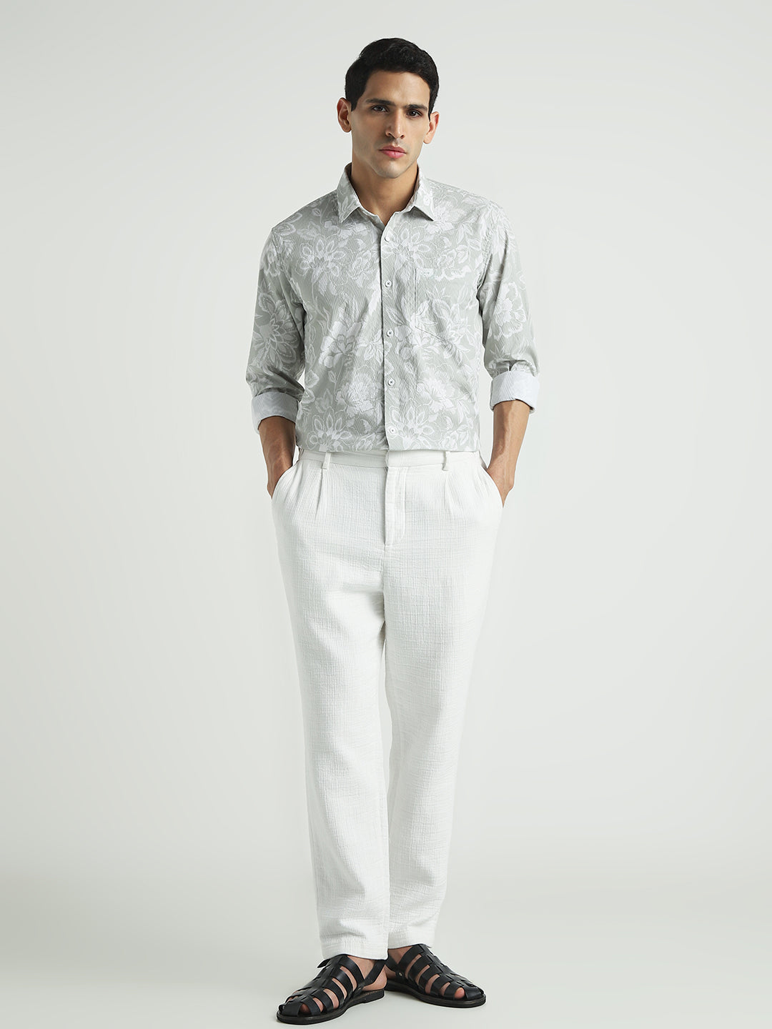 Men Sage Green Floral Slim Fit Casual Shirt