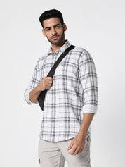 Men White Grey Checked Slim Fit Casual Shirt