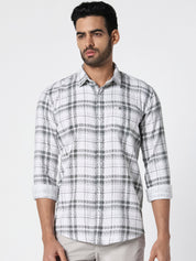Men White Grey Checked Slim Fit Casual Shirt