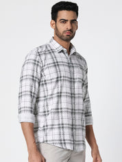Men White Grey Checked Slim Fit Casual Shirt