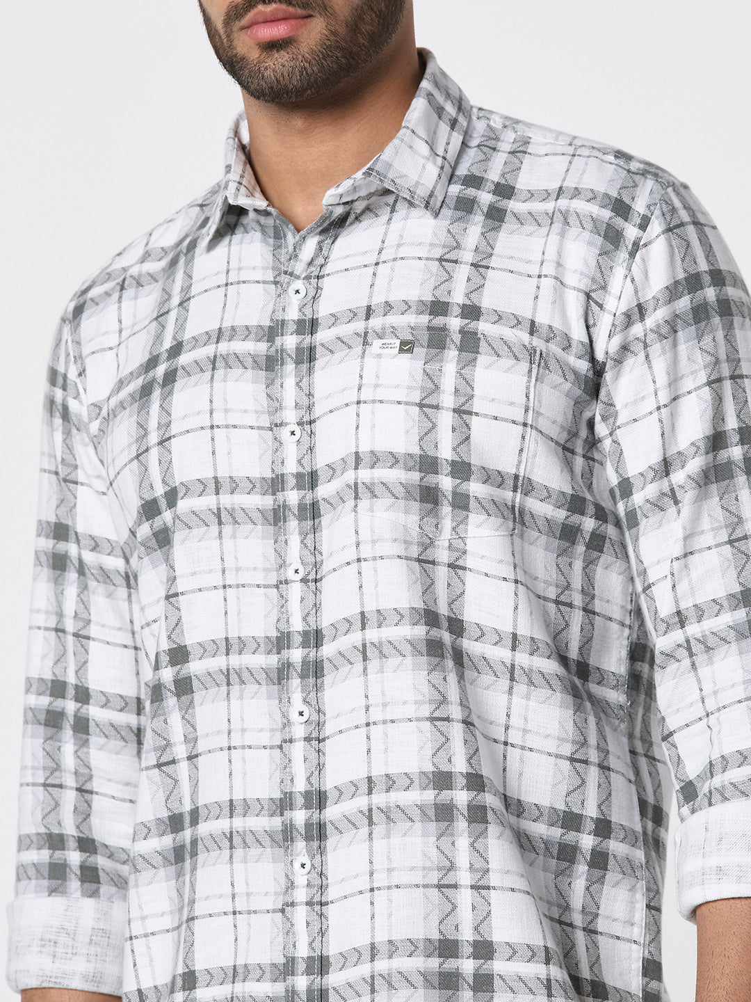 Men White Grey Checked Slim Fit Casual Shirt