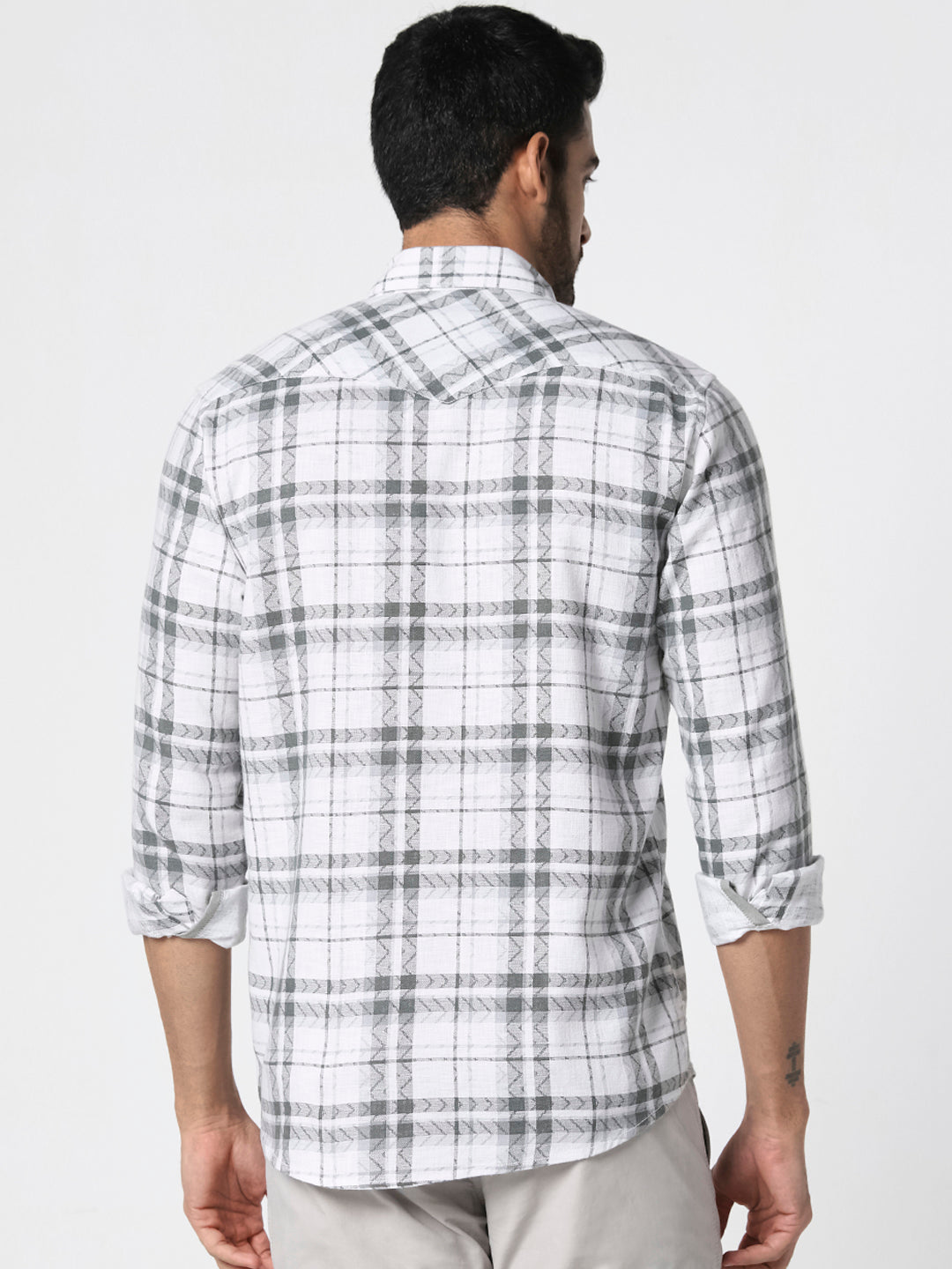 Men White Grey Checked Slim Fit Casual Shirt