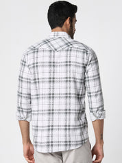 Men White Grey Checked Slim Fit Casual Shirt