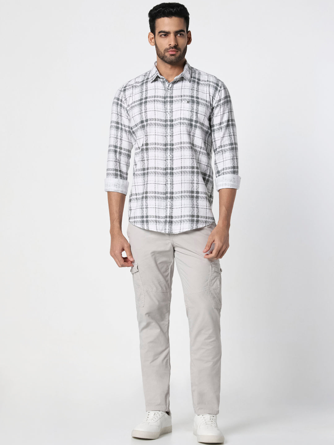 Men White Grey Checked Slim Fit Casual Shirt