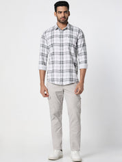 Men White Grey Checked Slim Fit Casual Shirt