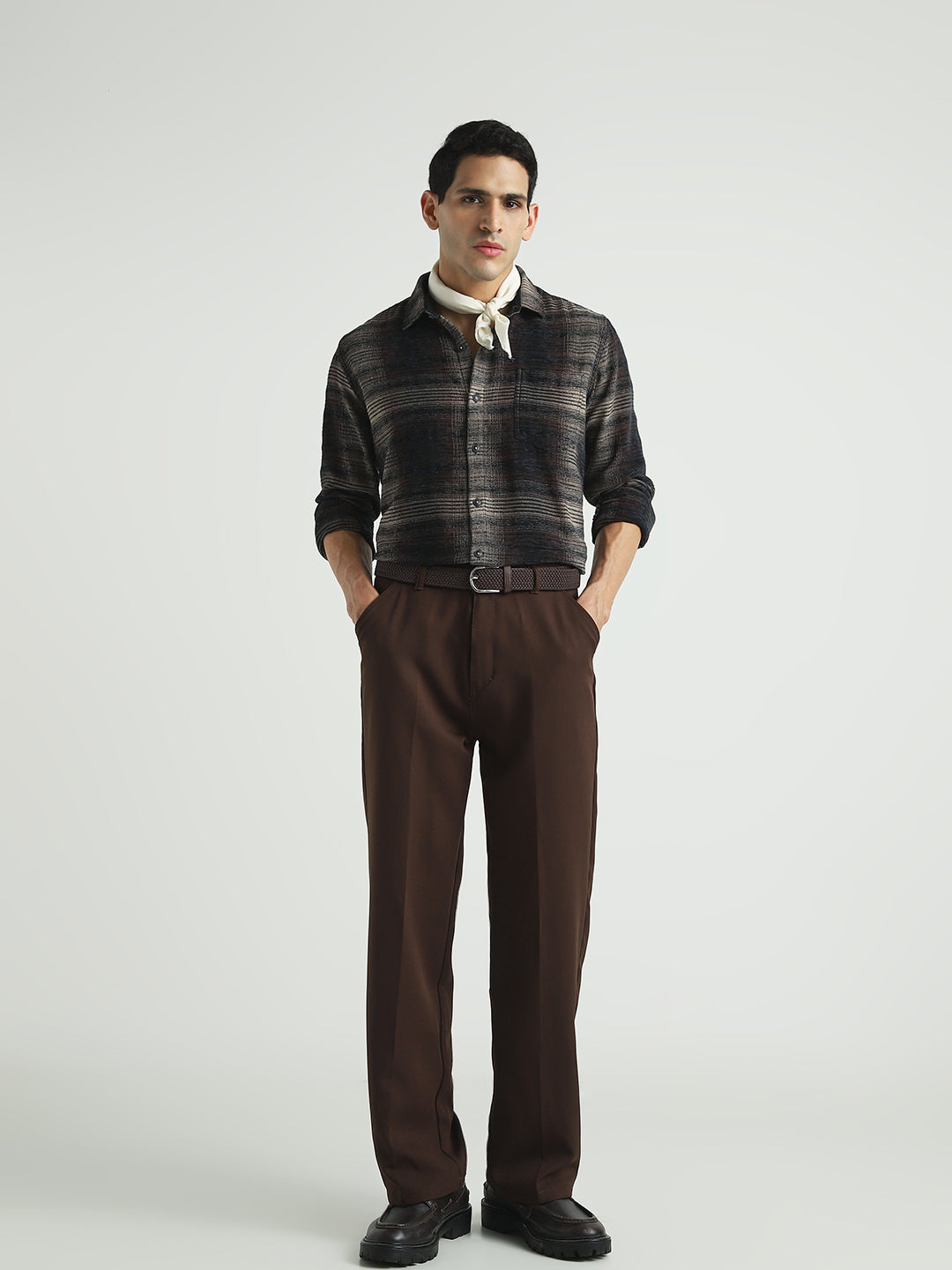 Men Brown Textured Checked Casual Shirt