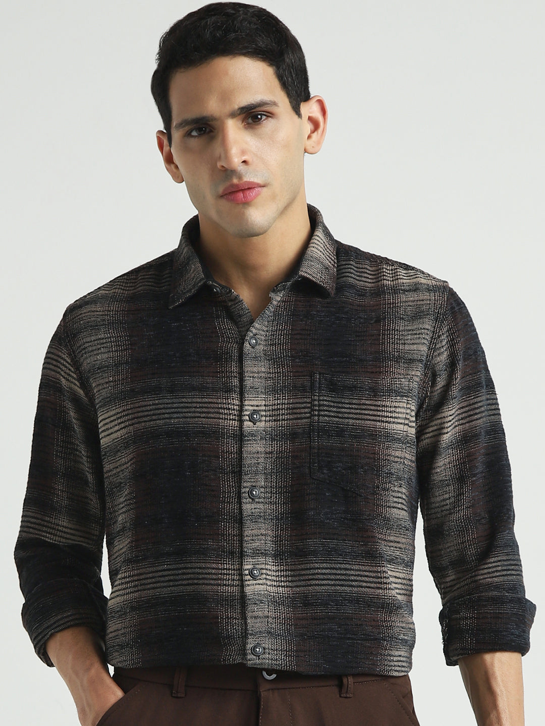 Men Brown Textured Checked Casual Shirt