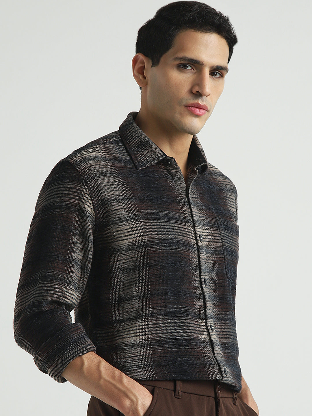 Men Brown Textured Checked Casual Shirt