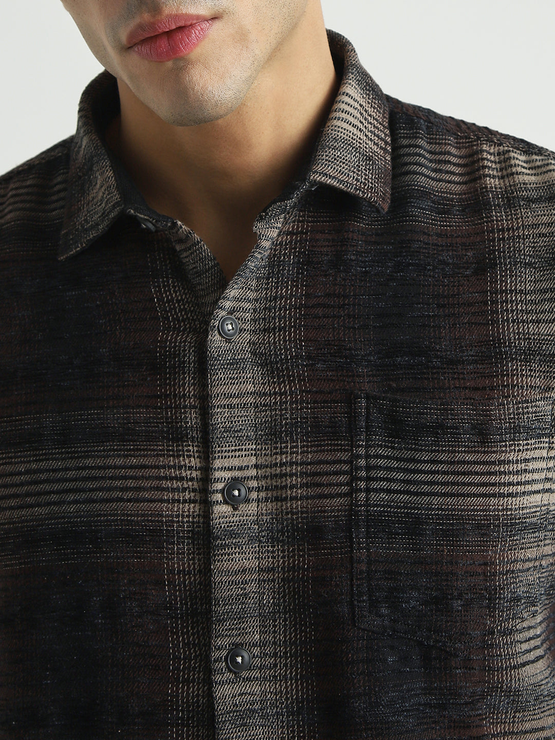 Men Brown Textured Checked Casual Shirt