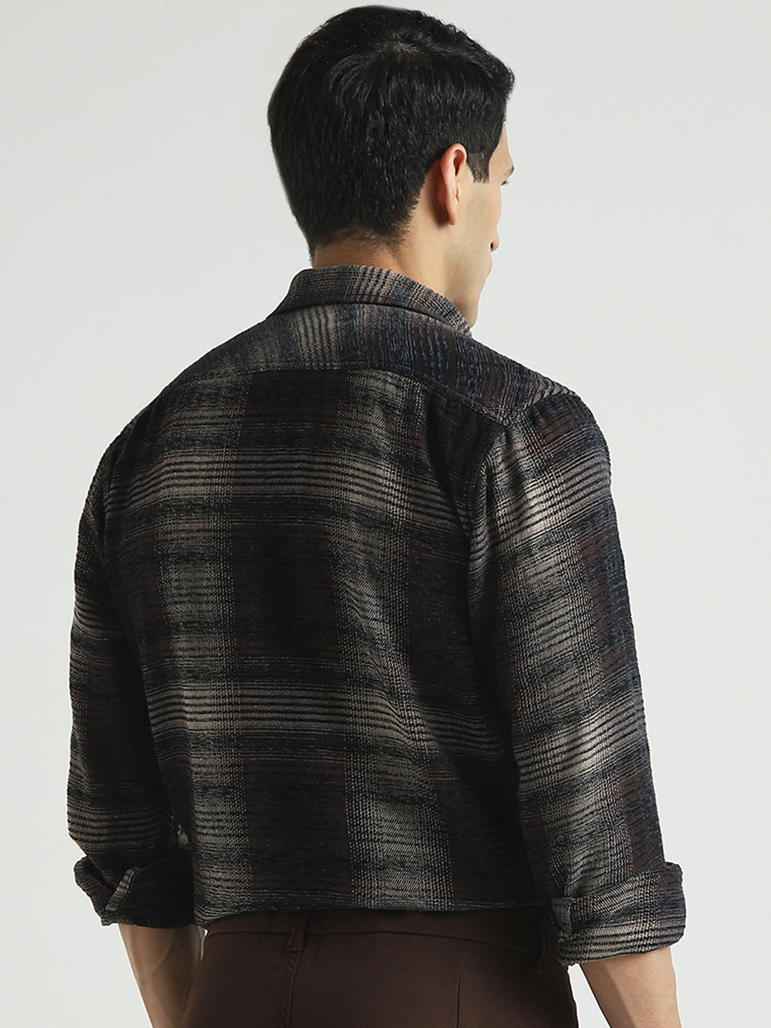 Men Brown Textured Checked Casual Shirt