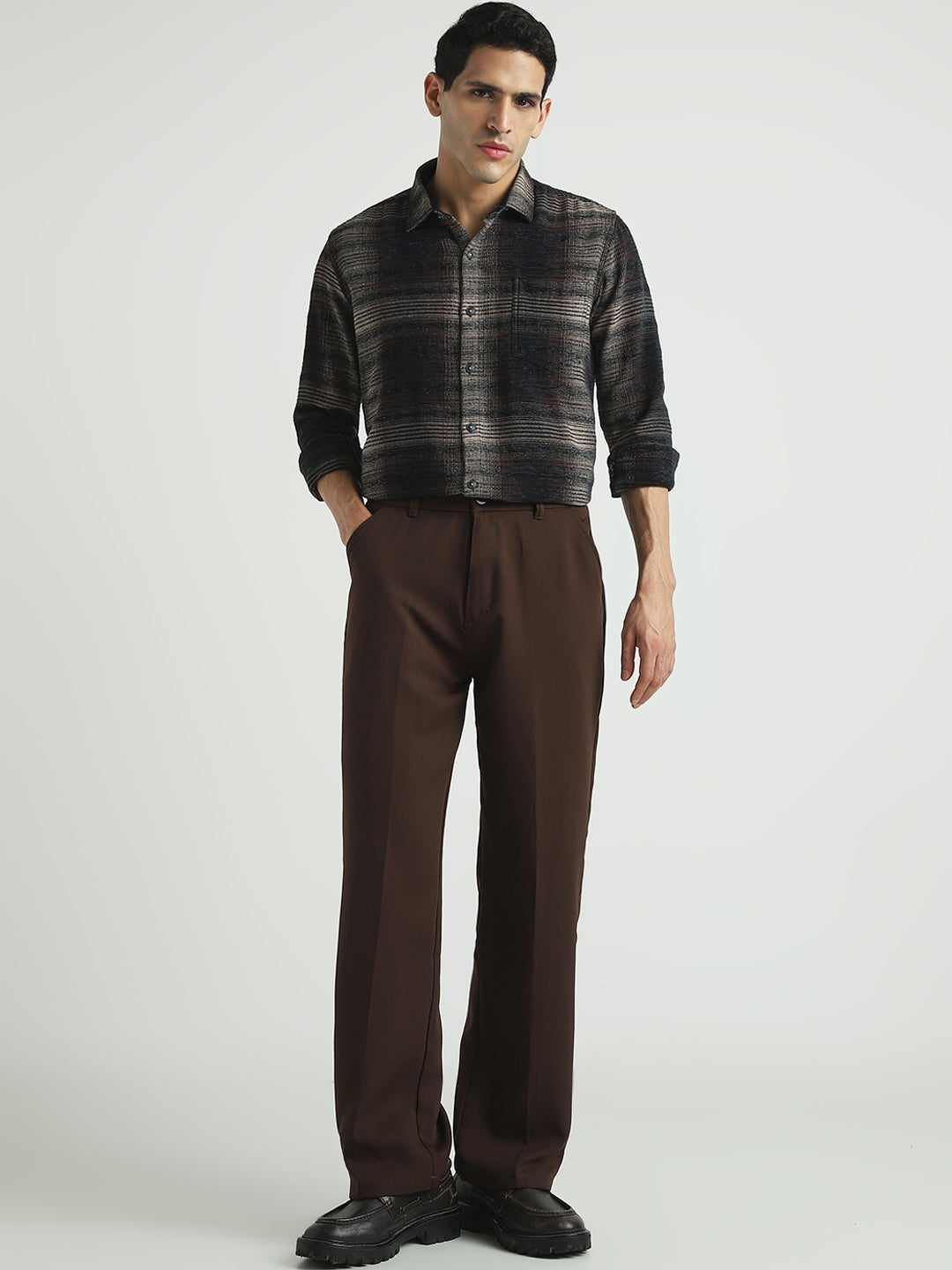 Men Brown Textured Checked Casual Shirt
