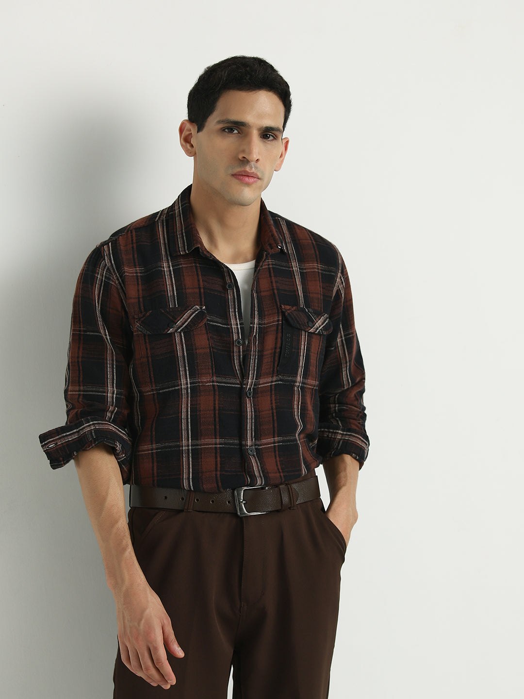 Men Rust Brown Double Pocket Checked Casual Shirt