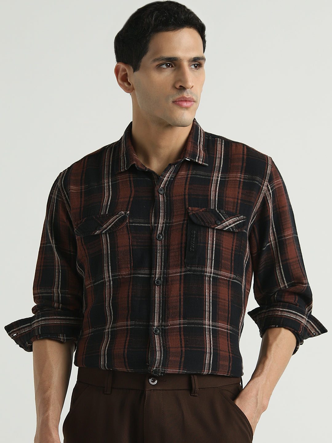 Men Rust Brown Double Pocket Checked Casual Shirt